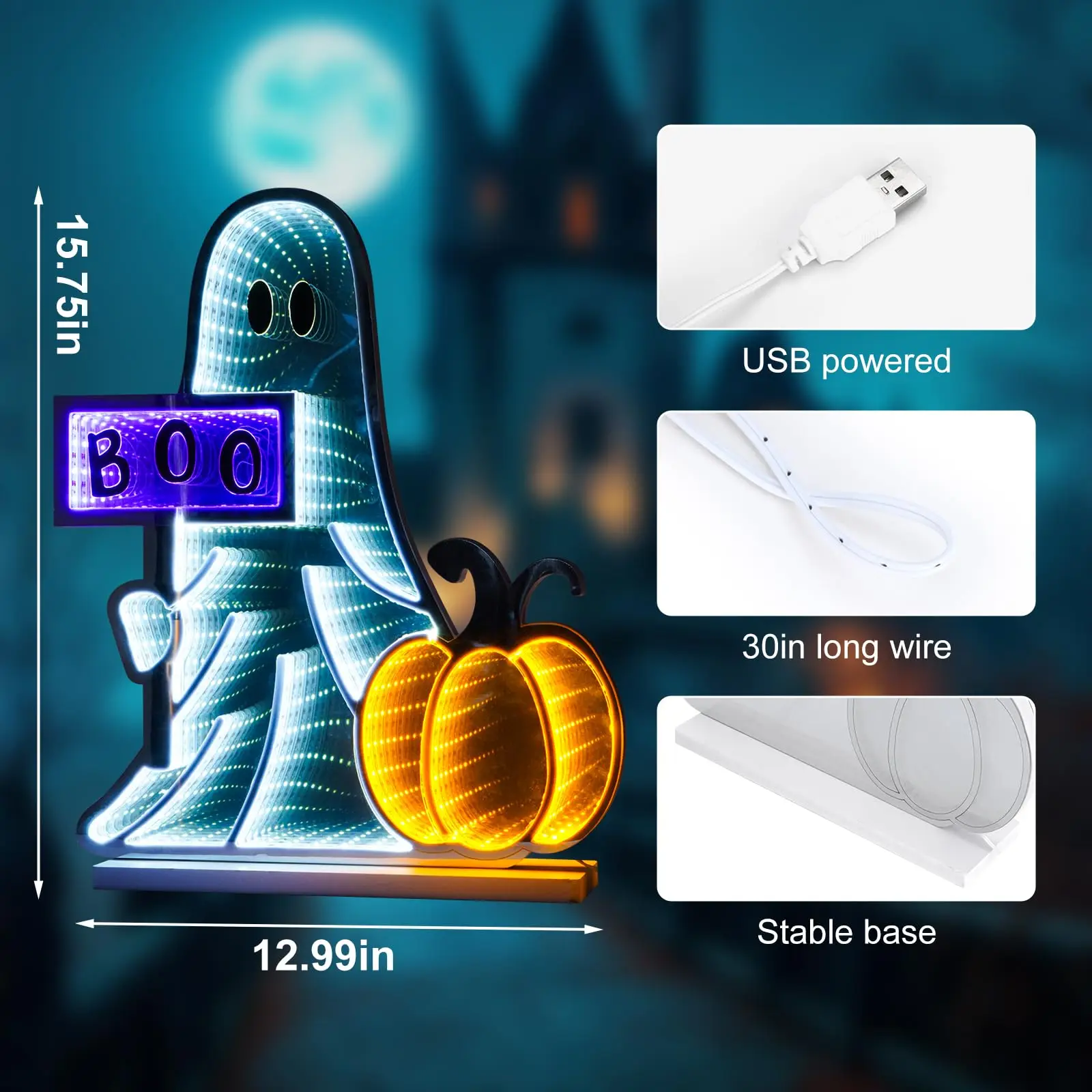 3D Mirror Tunnel Light Ghost Pumpkin Neon Sign Lighted USB Powered Wall Decor for Cute Spooky Boo Sign Halloween Party Shelf Hom
