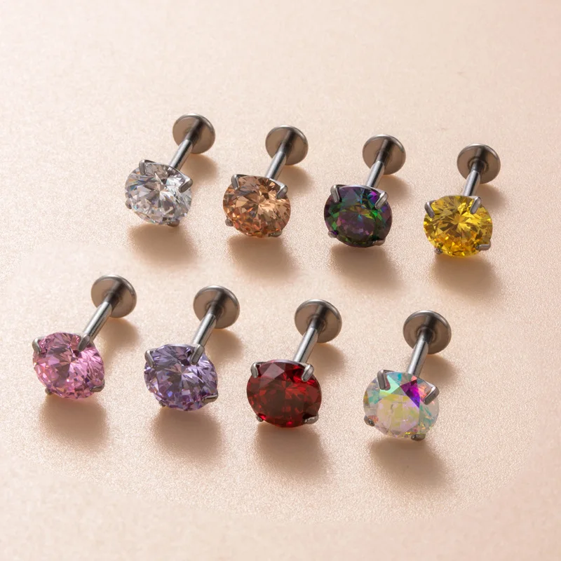2PC Labret Stud Tragus CZ Crystal G23 Titanium Internally Threaded Flat Back Cartilage Ear Stud Helix Nose Stud Piercing Jewelry