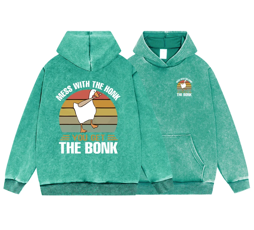 Mess With The Honk You Get The Bonk Mens Vintage Washed Cotton Hoodie Street Casual Loose Pullover Hoodies Hip Hop Crewneck