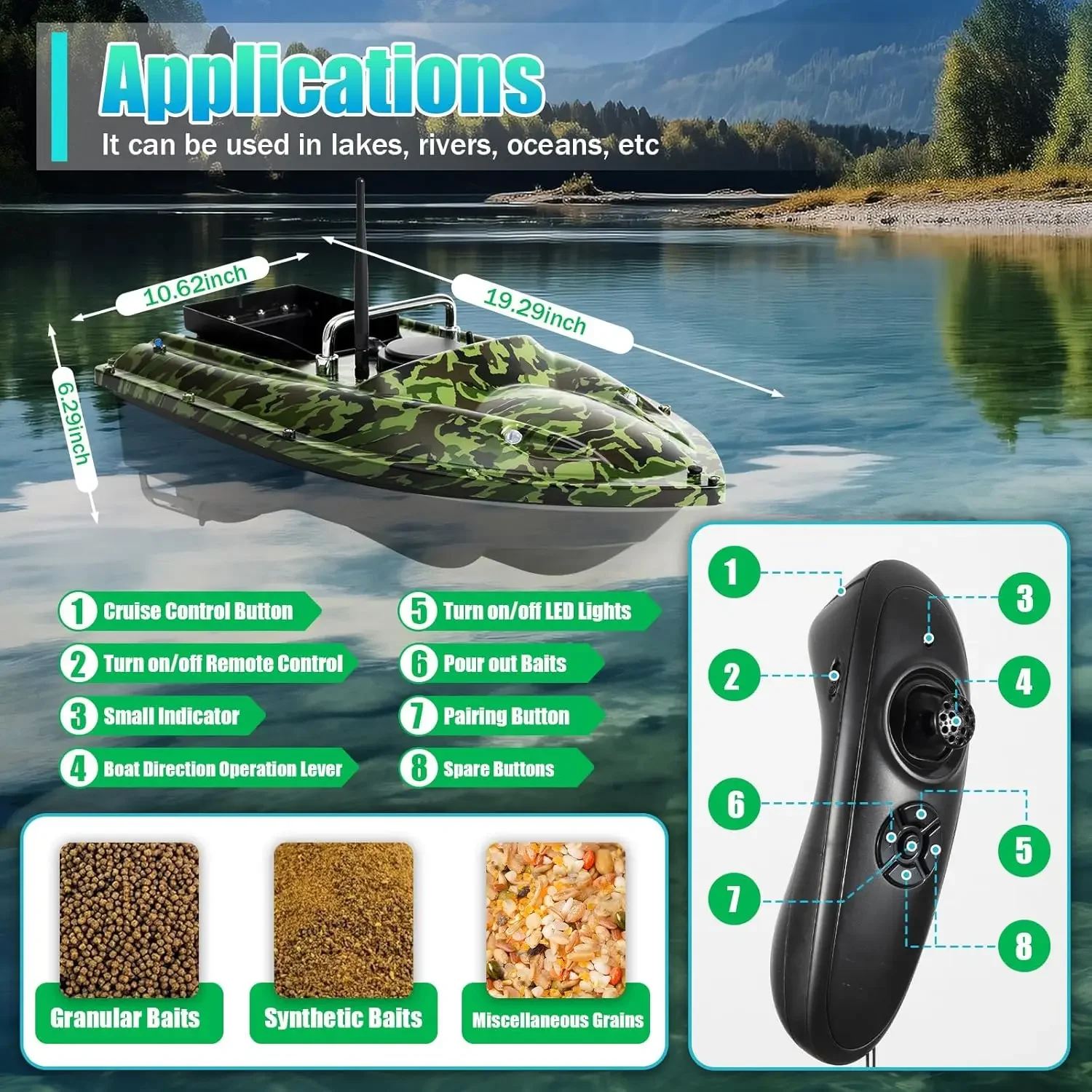 قارب طعم صيد بطول 500 متر، قارب طعم يعمل بالتحكم عن بعد، مقبض قابل للطي، سعة 1.5 كجم، مناسب للبحيرات والأنهار والمحيطات