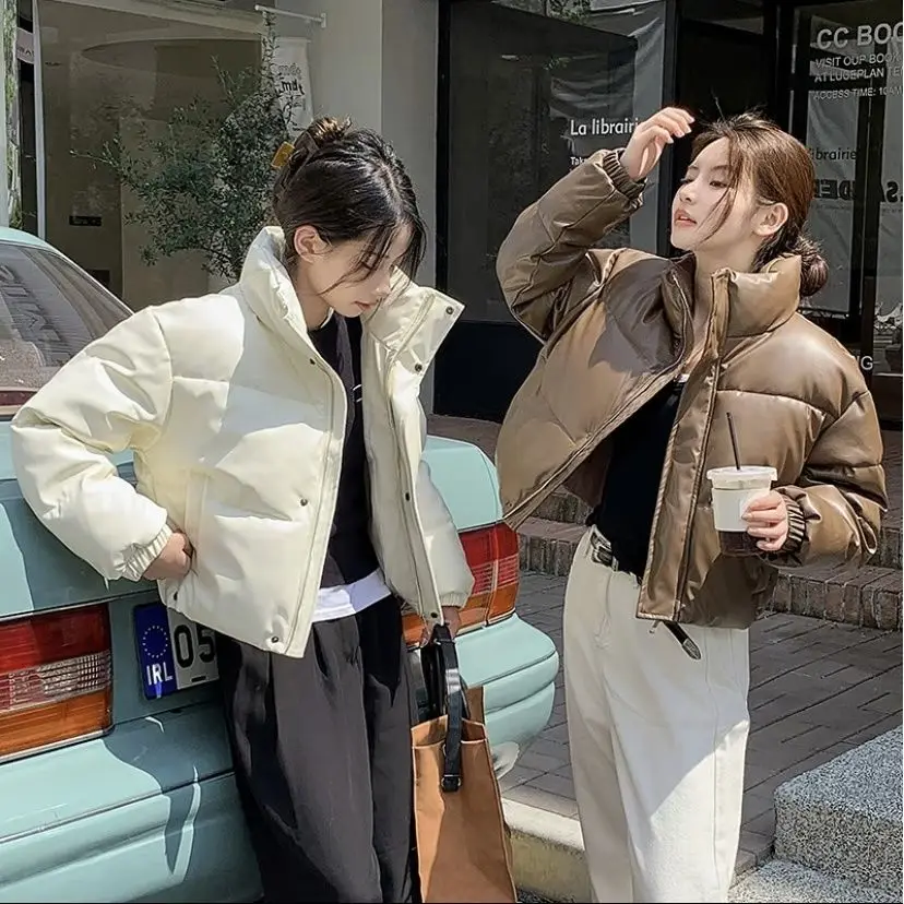 American Retro Free Wash Warm Solid Color Down Coats Women Hooded PU Coat Ins Winter Loose Casual Slim Cotton Coat Jackets