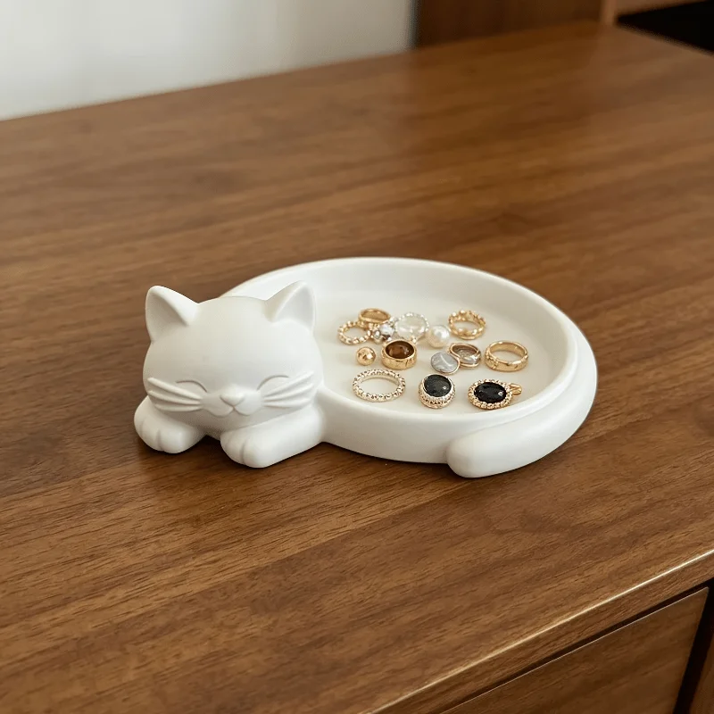 White Sleeping Cat Jewelry Tray Cute Resin Cat Shaped Ring Dish Mini Trinket Holder for Earrings Necklace Bracelet Desktop