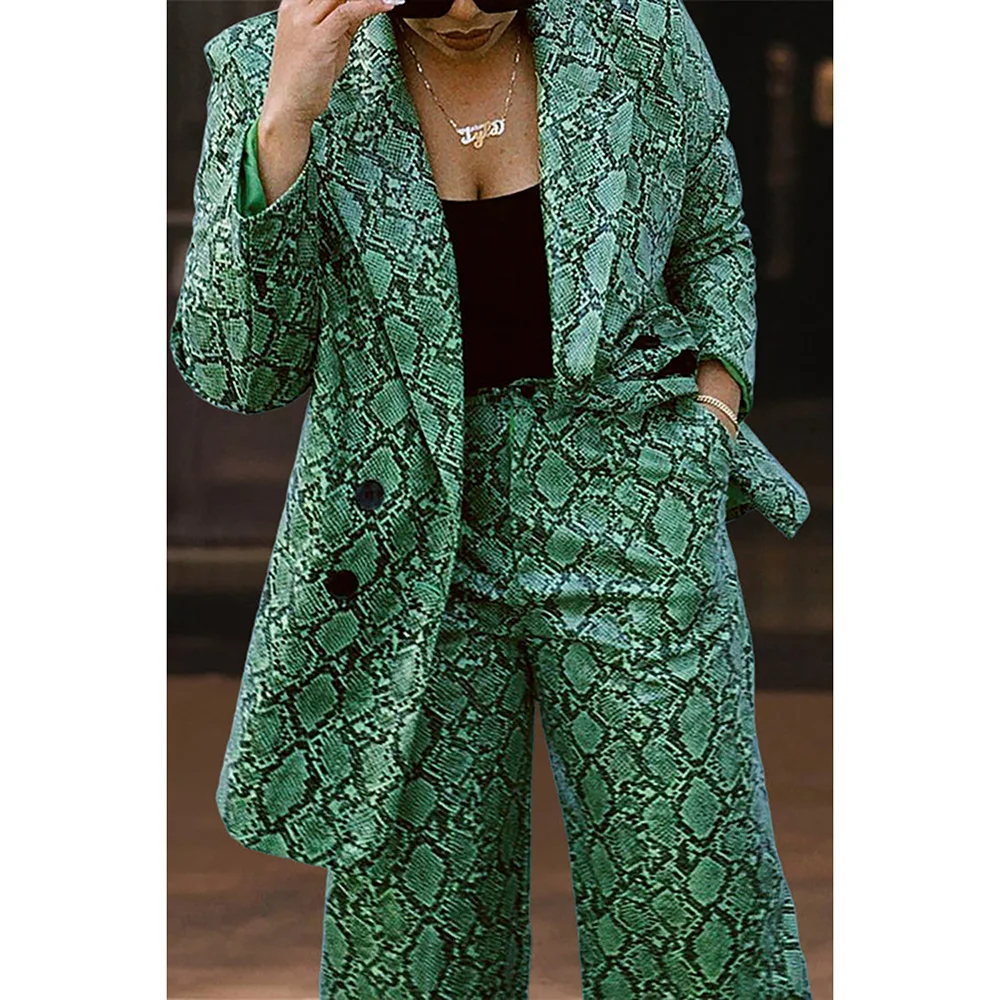 Flyscurvy Plus Size Formal Pant Set Green Print Lapel Blazer Suit Two Piece Pant Set