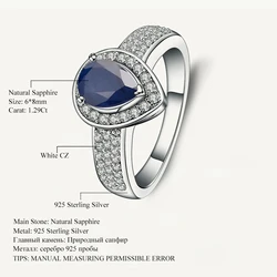 Gem's Ballet 1.29Ct Natural Blue Sapphire Water Drop Gemstone Ring Real 925 Sterling Silver Vintage Ring  For WomenFine Jewelry