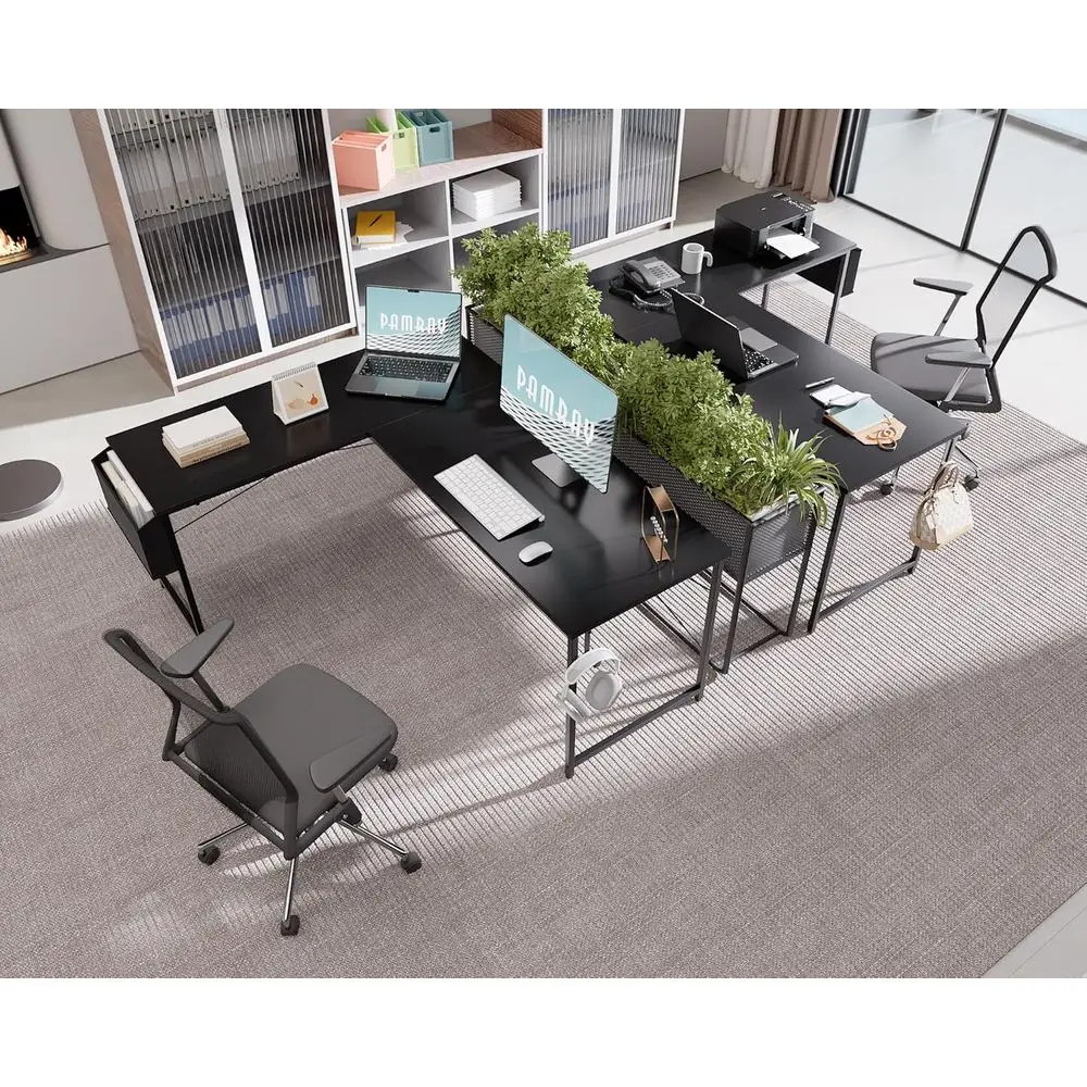 مكتب ألعاب زاوية كبيرة، 64.5 قابل للعكس على شكل حرف L مع مساحة تخزين، أسود للمكتب المنزلي، الكتابة، الدراسة