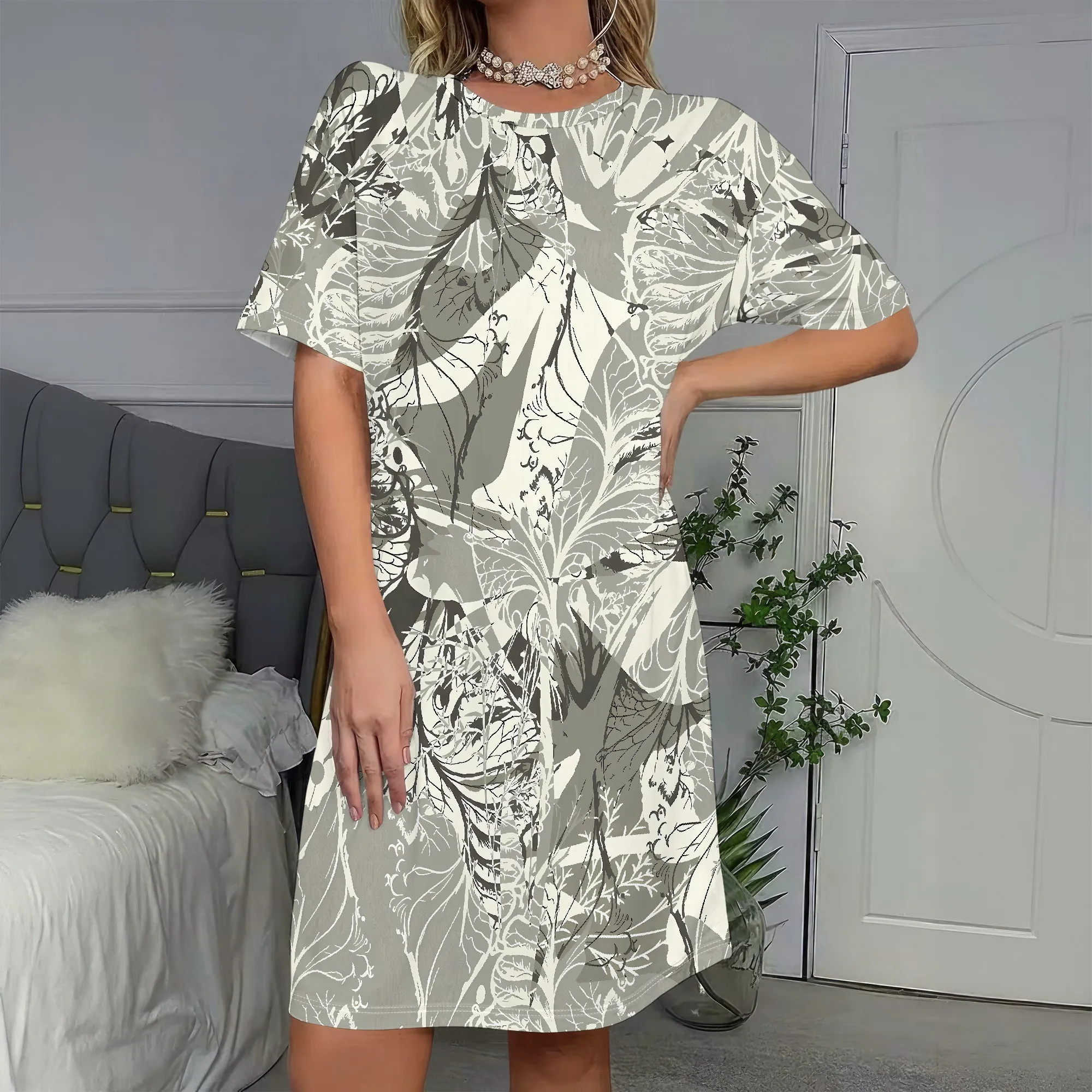 

Botanical Print,Short Sleeve Dress,Floral Pattern Summer Wear,Leaf Design Casual Outfit,Elegant Style Beach Vacation,S-2XL