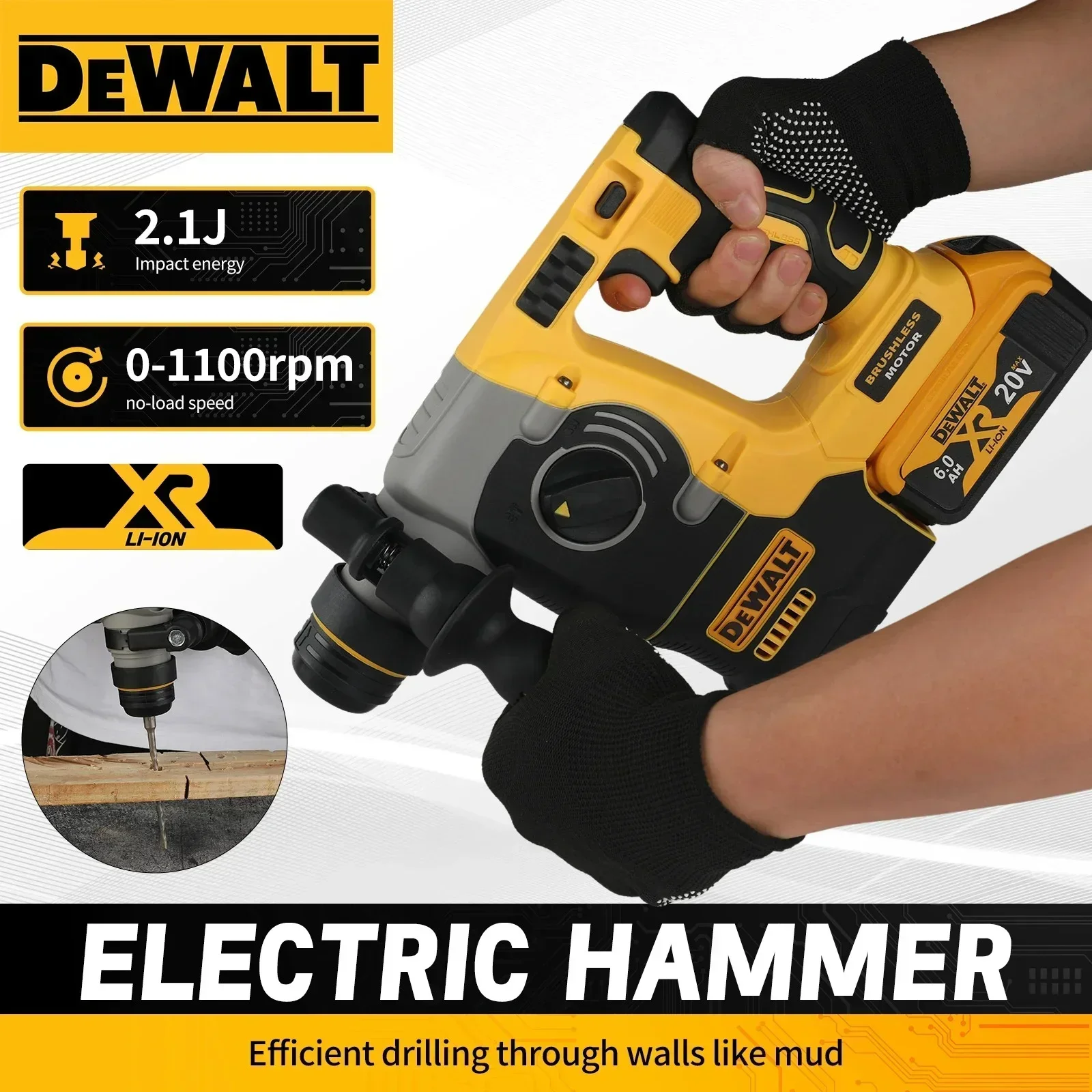 For DEWALT DCH273 20V Brushless Rotary Hammer 6.0Ah Battery 2.1J Impact Multi Modes Concrete Brick Stone ChiselingDrilling tools