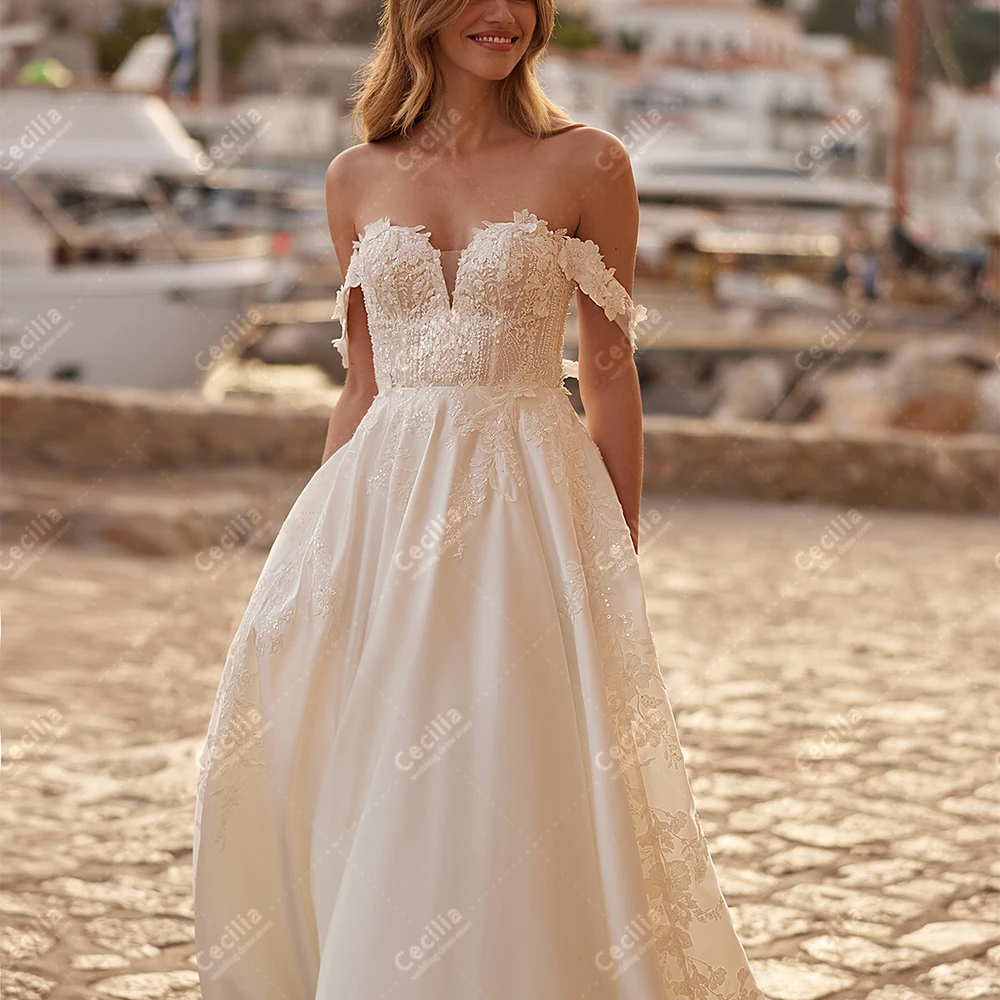

Classic Wedding Dresses A Line Satin Tiered Bridal Gowns Lace Appliques Off The Shoulder Robes Vestidos De Novia Customized 2025