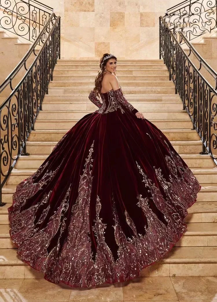 Robe De soirée en velours rouge pour filles De 15 ans, en dentelle et paillettes, style mexicain, 2021