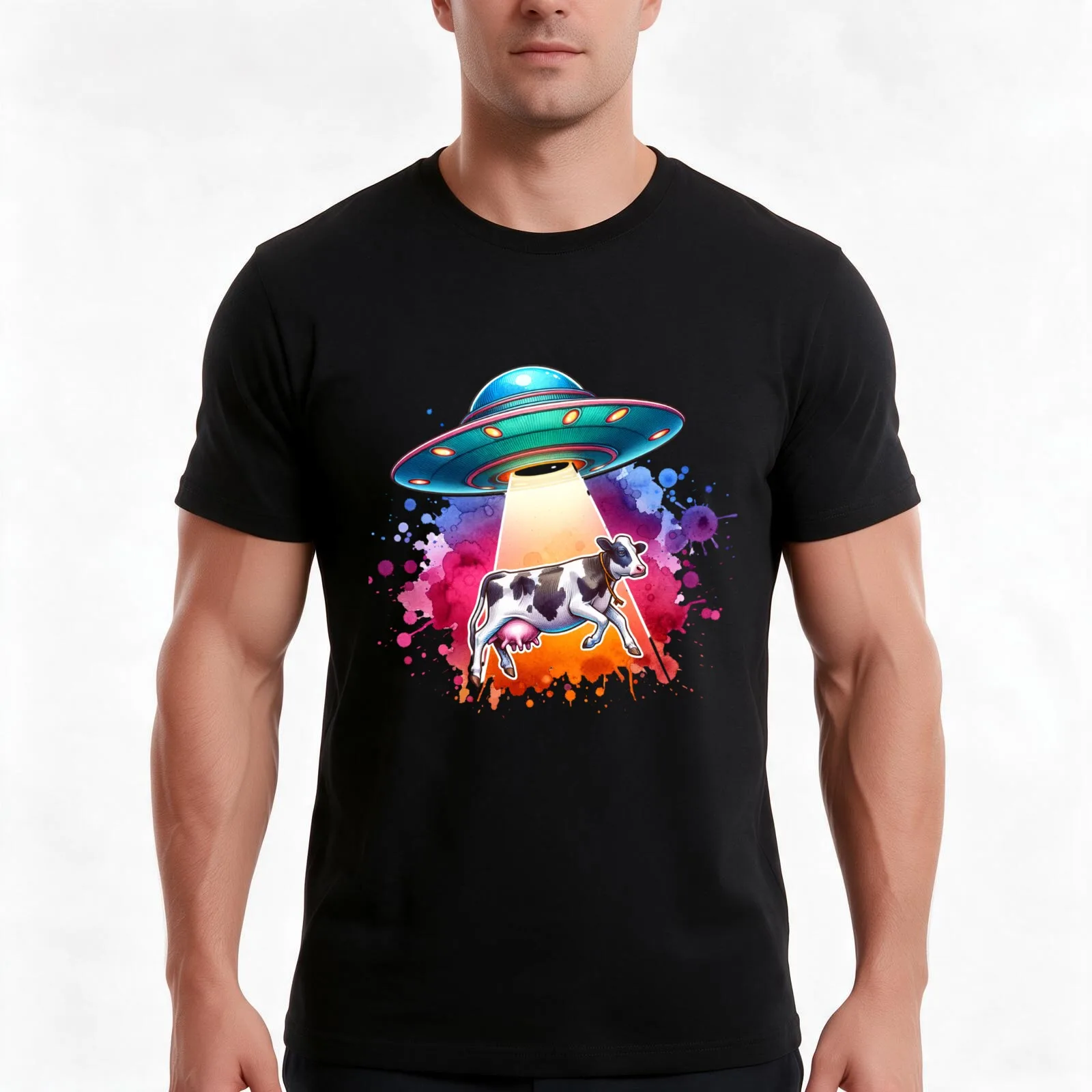 UFO and Cow T-Shirt, Summer Casual Cotton Tee, Oversized Streetwear Tops, Vintage Graphic Print, Loose Fit Short Sleeve
