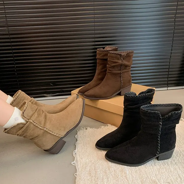 

Autumn Suede Low Heel Women Boots Retro Brown Fashion Western Cowboy Short Boot Female Pointed Toe Designer Women High Shoes