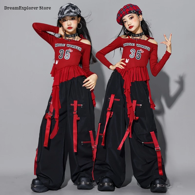 الهيب هوب الفتيات K-pop قبالة الكتف المحاصيل الأعلى ‌ بيان السراويل البضائع الاطفال الشارع الشهير زي الطفل الجاز فتاة مجموعة ملابس الرقص مجموعة