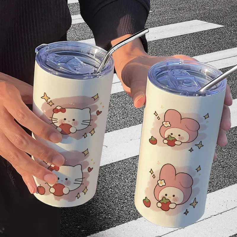 New Sanrio Hello Kitty Kawaii 480ml Thermos Bottle Cup With Straw Women Insulated Cup Straws Portable Coffee Stainless Steel