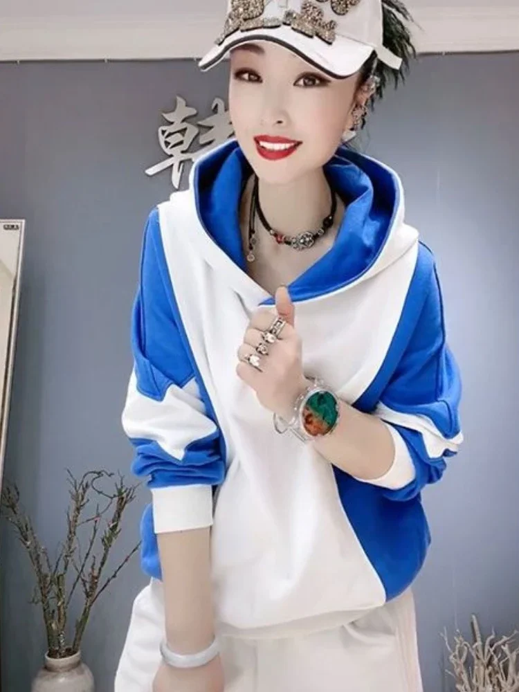 Women\'s Hooded Sweatshirts Spring and Autumn Female Top Baggy Hoodies Loose Blue Splicing Sweat-shirt Matching Novelty E Casual