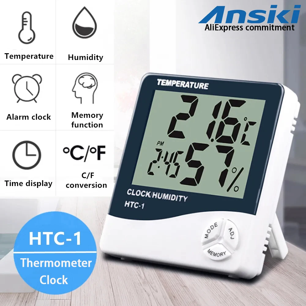 HTC-1 Thermometer Humidity Detector with LCD Digital Display Clock Multi functional thermometer Desktop clock with alarm clock