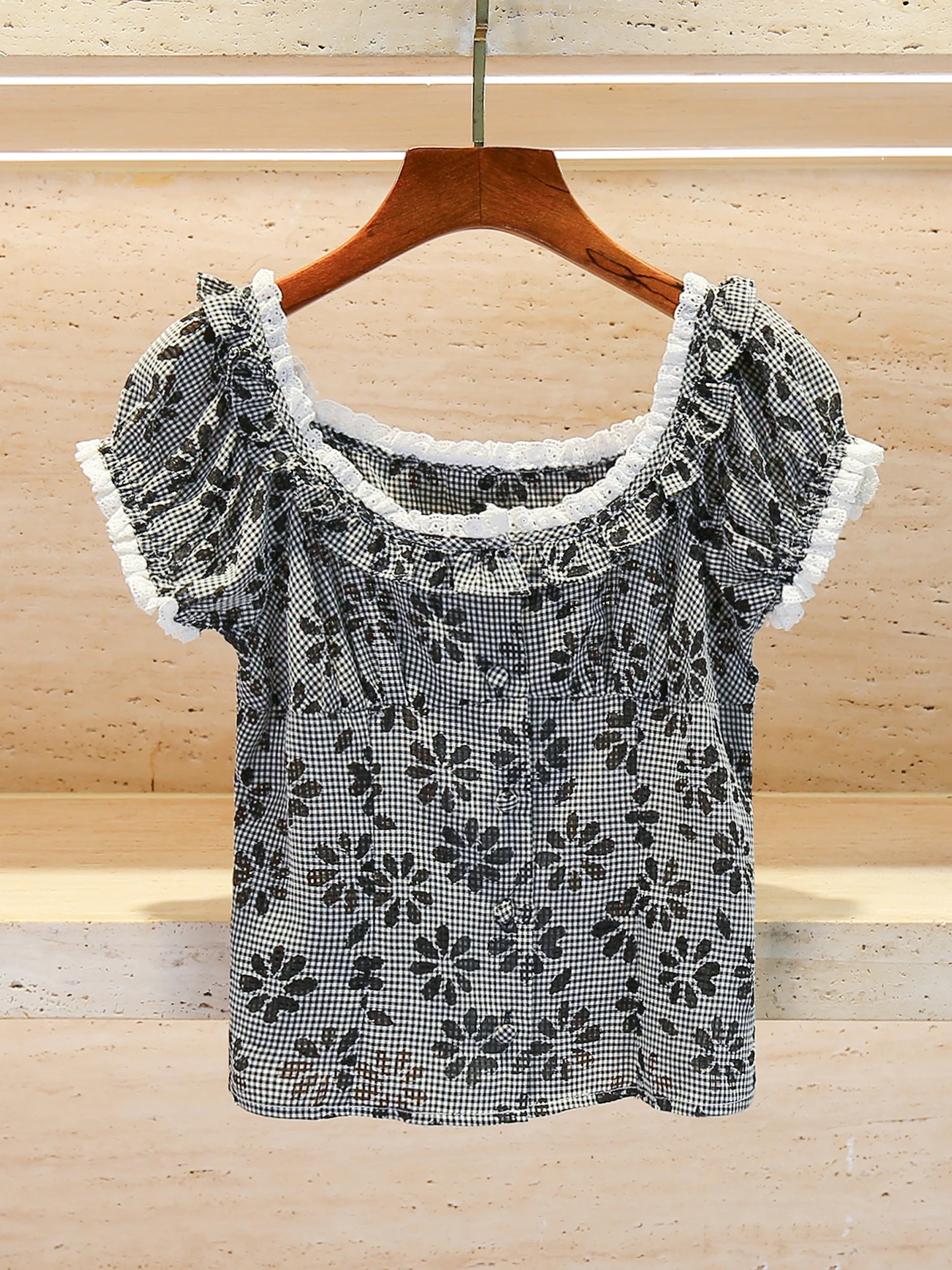 

Sweet Lace Trim Bubble Sve Plaid Print irt Top for Women High End Summer 2025 Commute Sle Straight Cut ort Sve