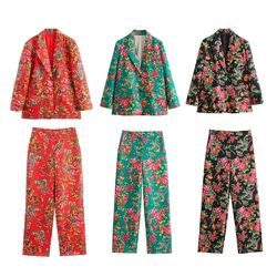 2024 Spring New Women's Casual Fashion Northeast Blossom Loose Suit Coat High Waist Straight Leg Pants Set