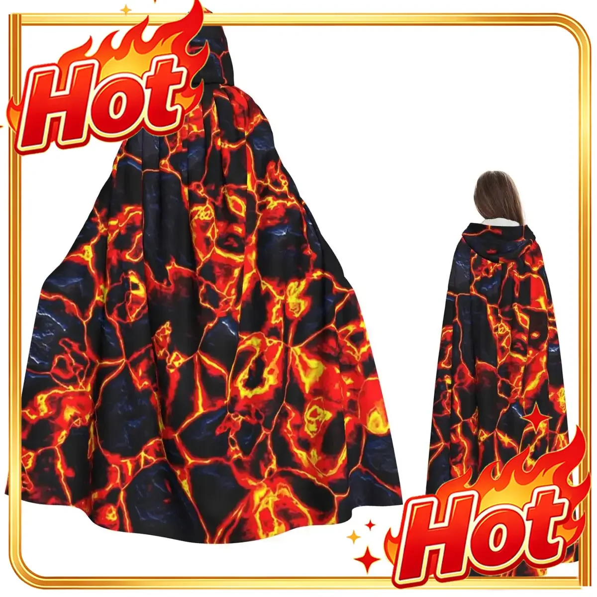 Magma Volcano Lava Fire Long Hooded Cloak Witch Medieval Costume Cosplay Cape HalloweenCoat Adult Unisex