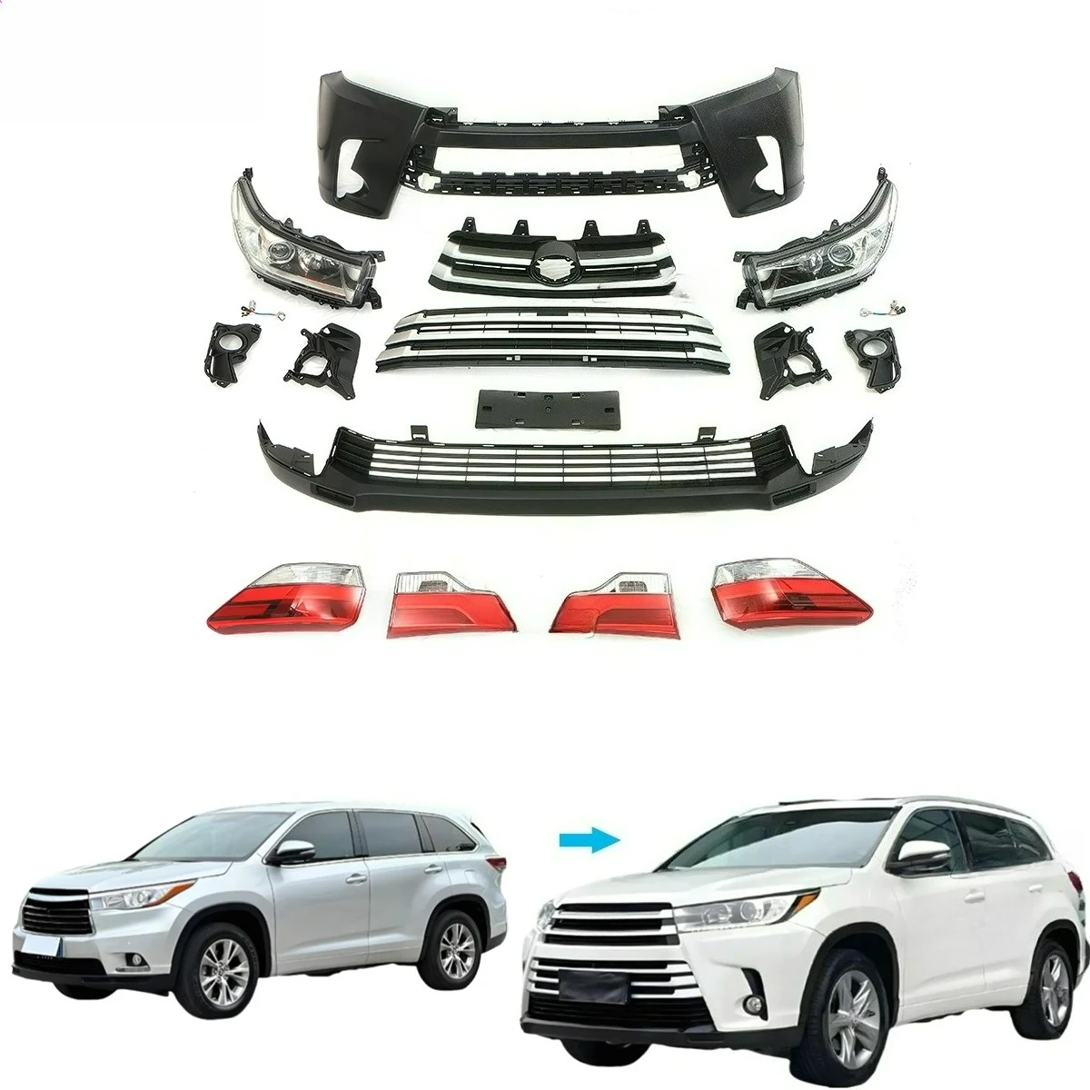 

HotSelling FORToyotaHighlander Sleek Fiberglass Front Rear Bumper GrilleTaillight BODYKIT 2015-2017to2018-2021