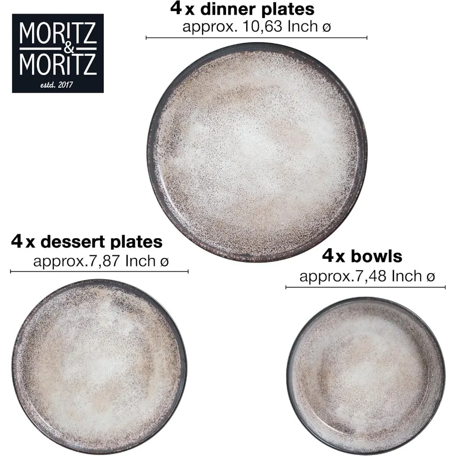 12-delige porseleinen serviesset voor 4 personen |   Inclusief 4 dinerborden, 4 dessertborden, 4 kommen |   Moderne beige keramische tafel