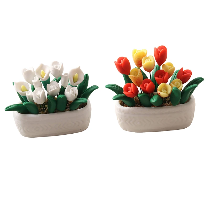 Miniatura Tulipa Potted Plant Flowerpot, modelo bonsai, casa de bonecas, acessórios para decoração do jardim, brinquedos infantis