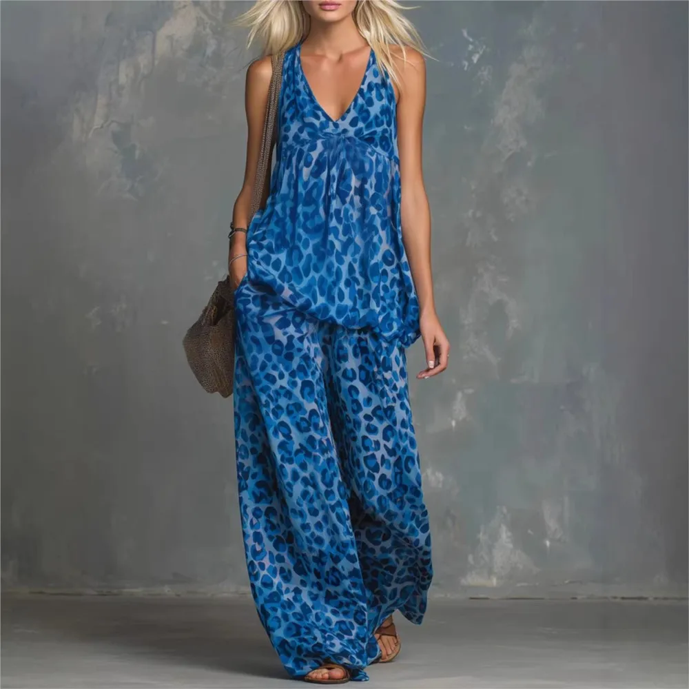 

Summer Fashion Leopard Print Sleeveless T-shirt Trousers 2piece Set Women Sexy Deep V-neck Vest Wide-leg Trousers Vacation Suit