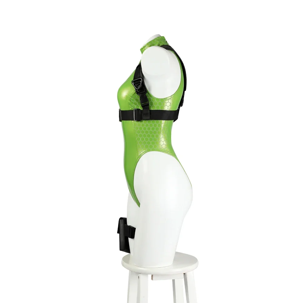 Super Sexy Cammy Cosplay Costume Street Fighter Sexy Green Bodysuit Leather Latex White Halloween Wig Carnival Stage Performance view 2