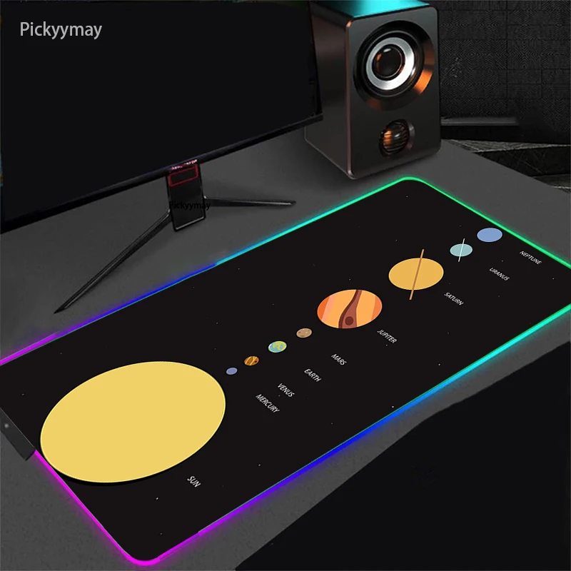 Large Mouse Pad RGB Solar System Space Universe Gaming Computer LED Light Mousepad Gamer Rubber Carpet Backlit Play Desk Mats