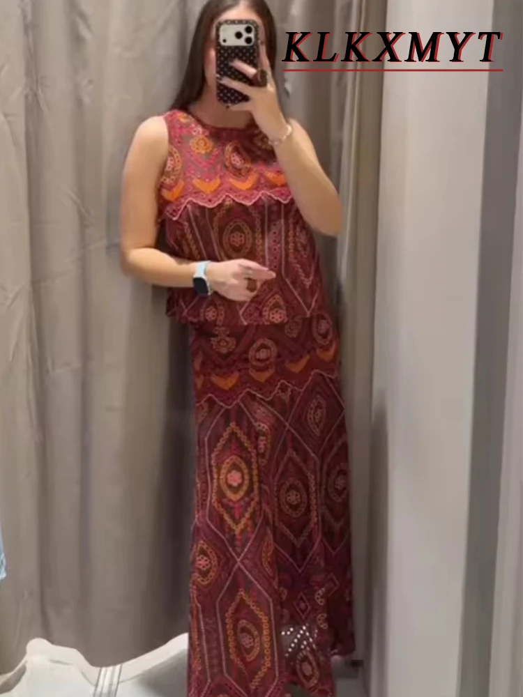 Woman Sexy Fashion Printed Embroidery Hollow Out Sleeveless Short Tops+Long Skirt Women Casual Spring Summer 2 Piece Set view 5