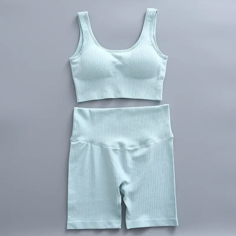 2 Pieces Outfit Set Ribbed Training Set Lady Sportswear Shorts Sports Suit Women's Fitness Clothing Sporty Gym Wear Workout Sets