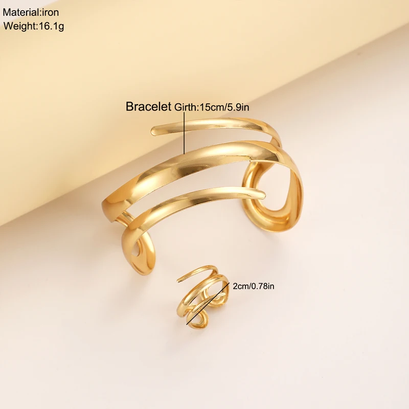European And American Thick Bracelet And Ring Jewelry Set For Women Gold Color Geometric Line Bracelet Ring Combination Set Gift image 6