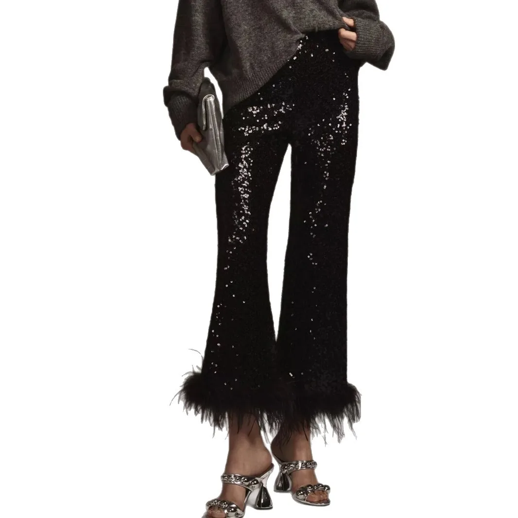 Sequin Pants Women Fashion Trendy Solid Color Feather Patchwork Elastic Waist Slim Trousers Temperament All-match Female New