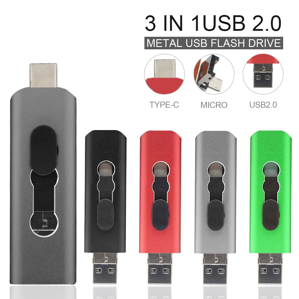 USB 2.0 Flash Drive Pendrive-3 In 1 Pendrive 64GB 32GB Pen Drive untuk Tipe C Android 8GB 16GB 32GB Penyimpanan Eksternal Logo Kustom