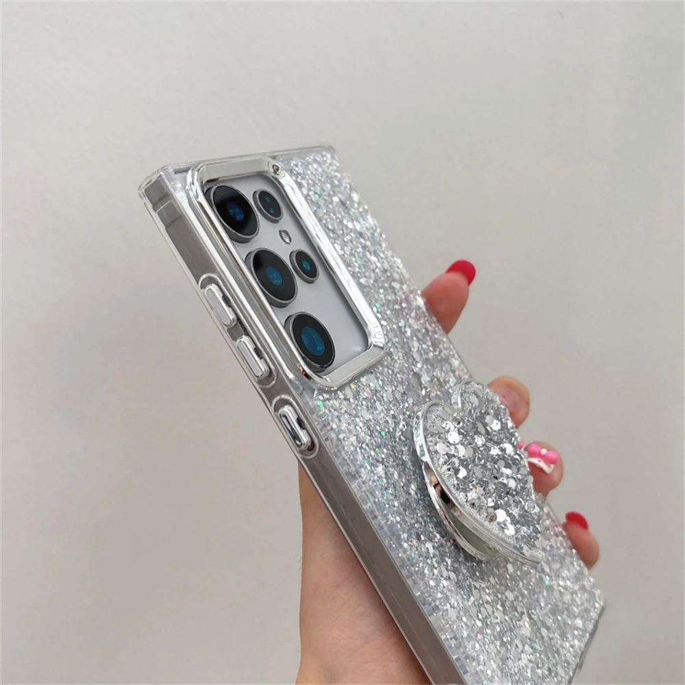Funda con soporte de corazón brillante para Samsung Galaxy S25 S24 S23 S22 Ultra Plus FE, cubierta a prueba de golpes con brillo chapado completo