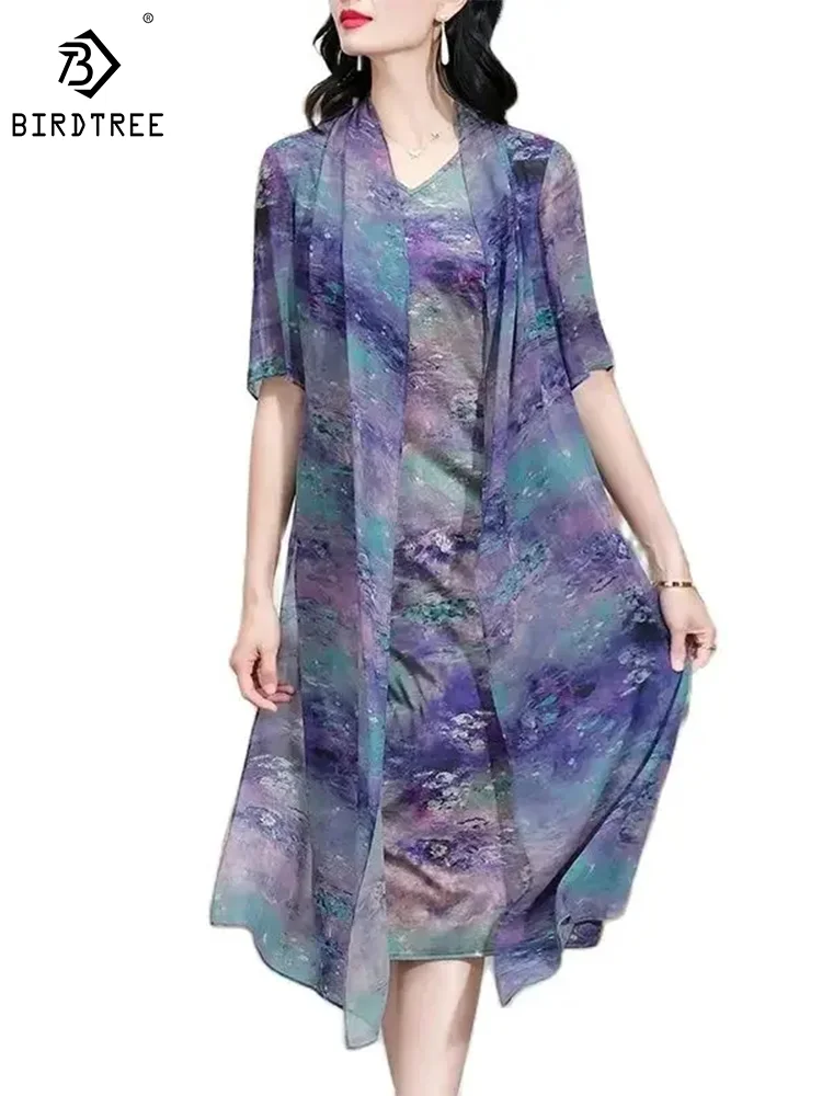 

BirdTree 92% Mulberry Silk Women Dresses, Flower Print Short Sleeve, Loose Elegant Silky Dress, 2024 Spring Summer New D42251QM