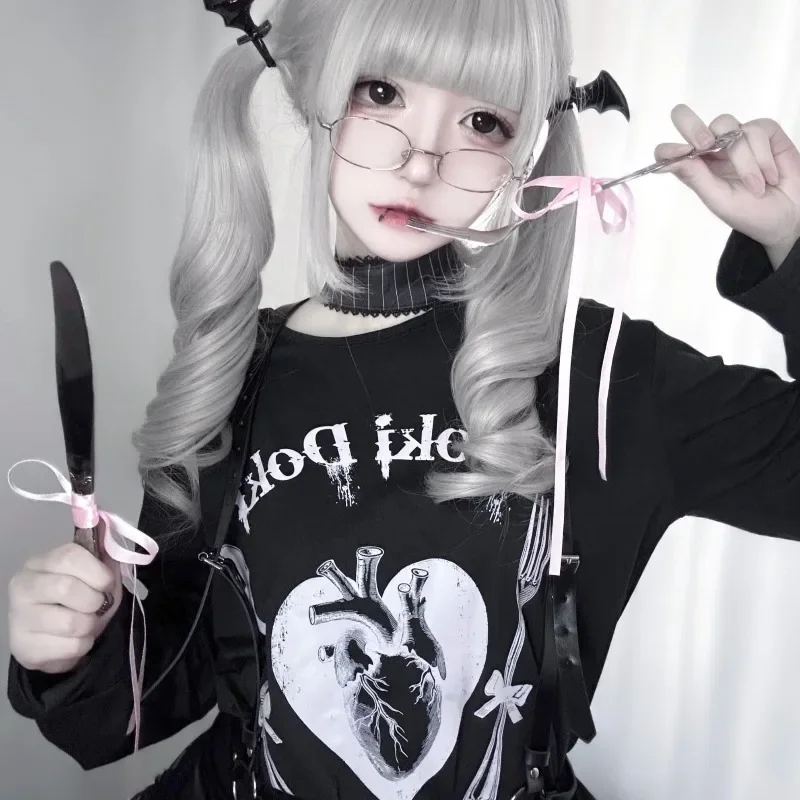 Y2k Harajuku المرأة تي شيرتات طويلة الأكمام عادية س الرقبة طباعة سليم صالح تيز ثقافة فرعية الشارع الشهير الجرونج الجمالية الأساسية القمم