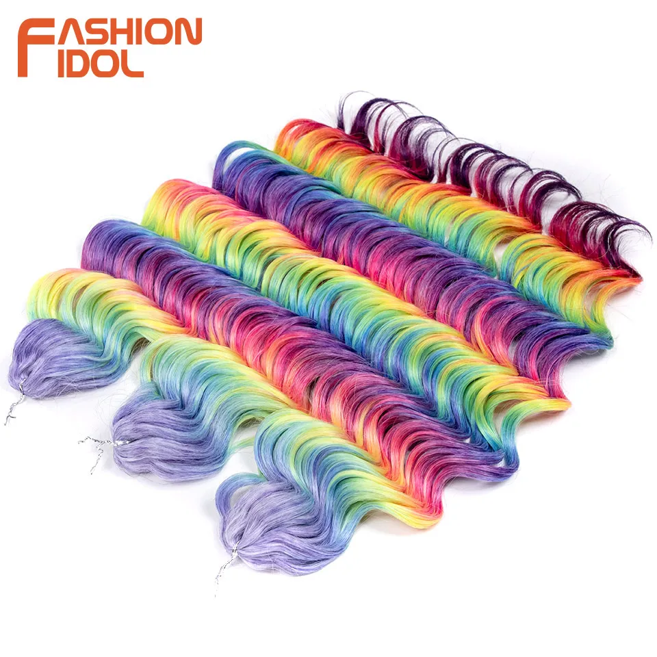 FASHION IDOL 24 Inch 3PCS Deep Wavy Passion Twist Crochet Hair Synthetic Ombre Rainbow Color Water Wave Braiding Hair Extensions
