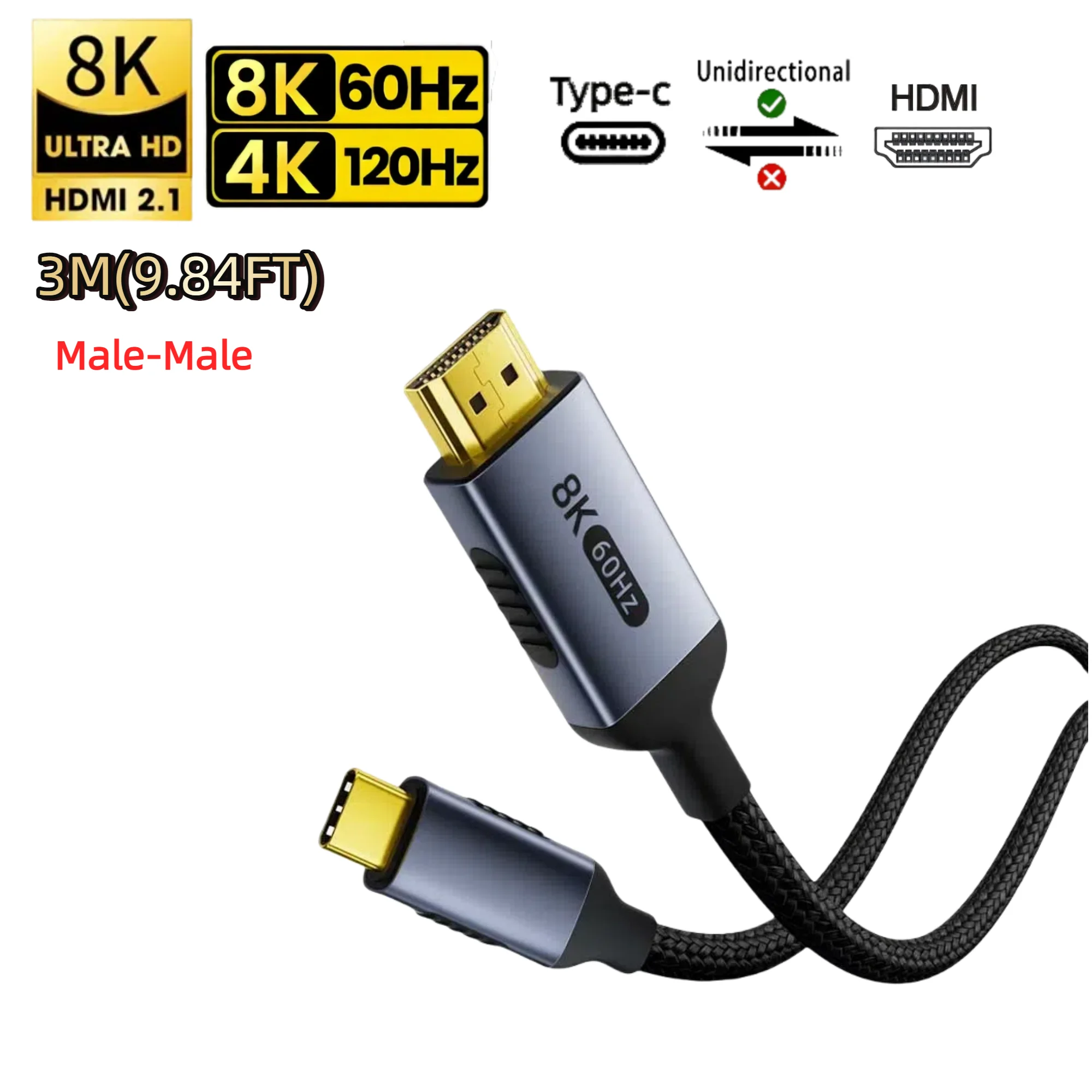 Type C naar HDMI-kabel 8K@60Hz 4K@120Hz 2K@240Hz USB C naar HDMI 2.1-snoer Compatibel voor TV-converter MacBook iPad Samsung Galaxy