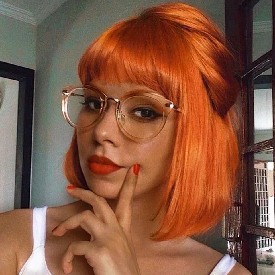 Orange Blonde Short Cut Straight Bob Wigs Rebecca With Bangs Red 99J Human Hair Brazilian Straight Machine Made Human Hair Wigs