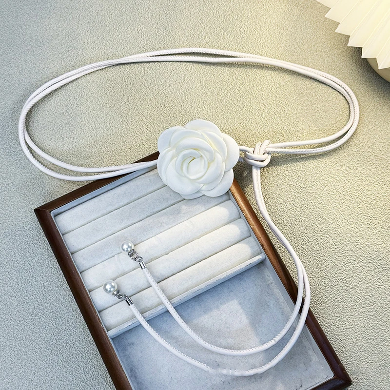 Кожаная веревка с цветком камелии, поясная цепочка для женщин, тонкий пояс, пояс с милым узлом, модная одежда, платье, декоративные пояса, ремень