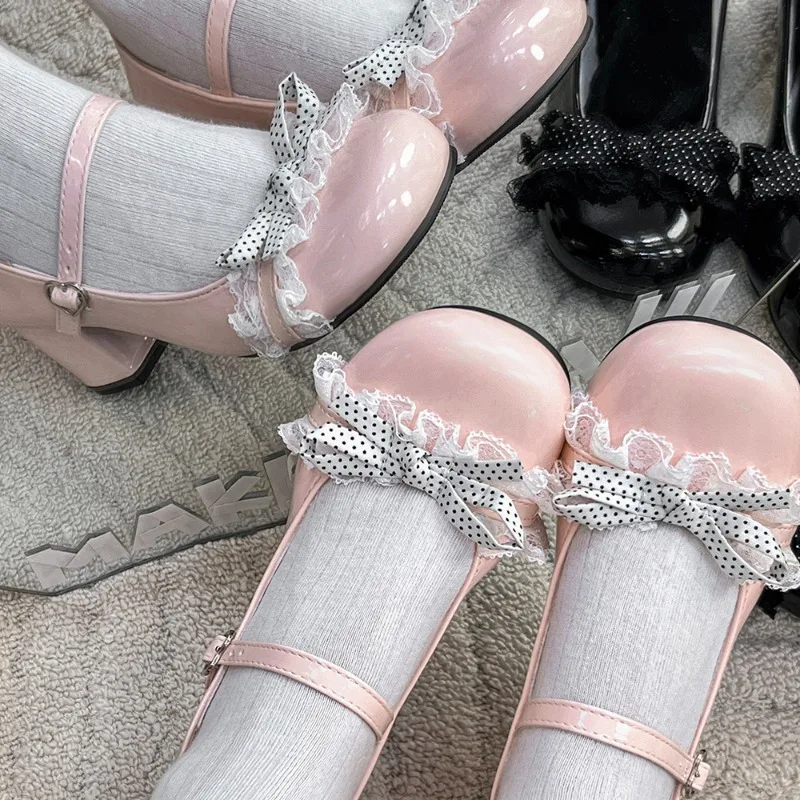 Polka Dot Butterfly-knot Women Lolita Mary Jane Shoes Concise Thick Heel Leather Shoes Ladies Wedding Party Casual Shoes - view 2