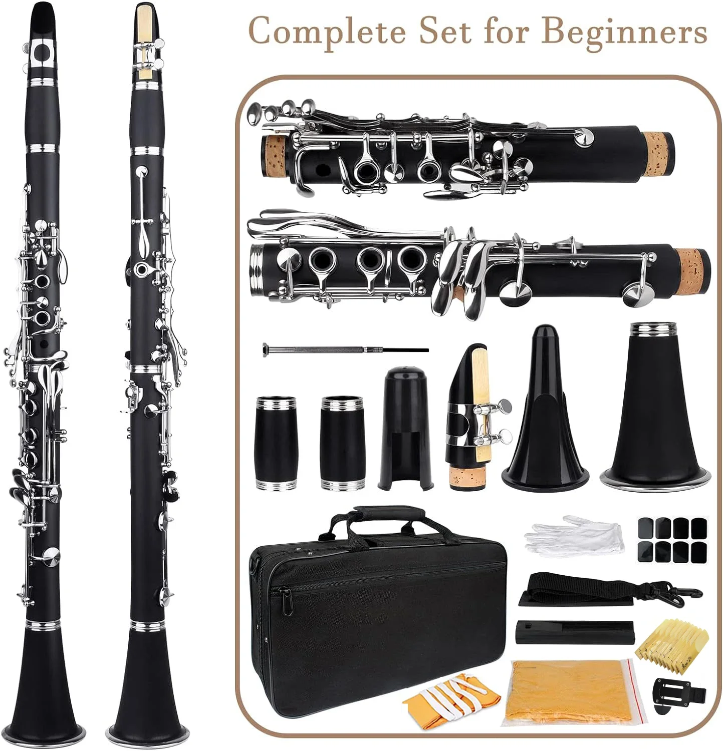 SLADE Bb Clarinet Student Beginner Clarinet with B flat Clarinet Box Reed Screwdriver Cleaning Cloth Trimmer Tooth Pad Accessory