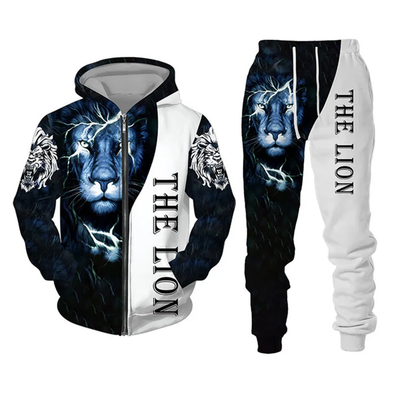 Herren Reißverschluss-Hoodie Trainingsanzug mit 3D-Grafikdruck Löwenkönig Langarm-Sweatshirt Jogginghose Locker Sitzend Herbst Winter Hip-Hop Alltagskleidung – Detail 10
