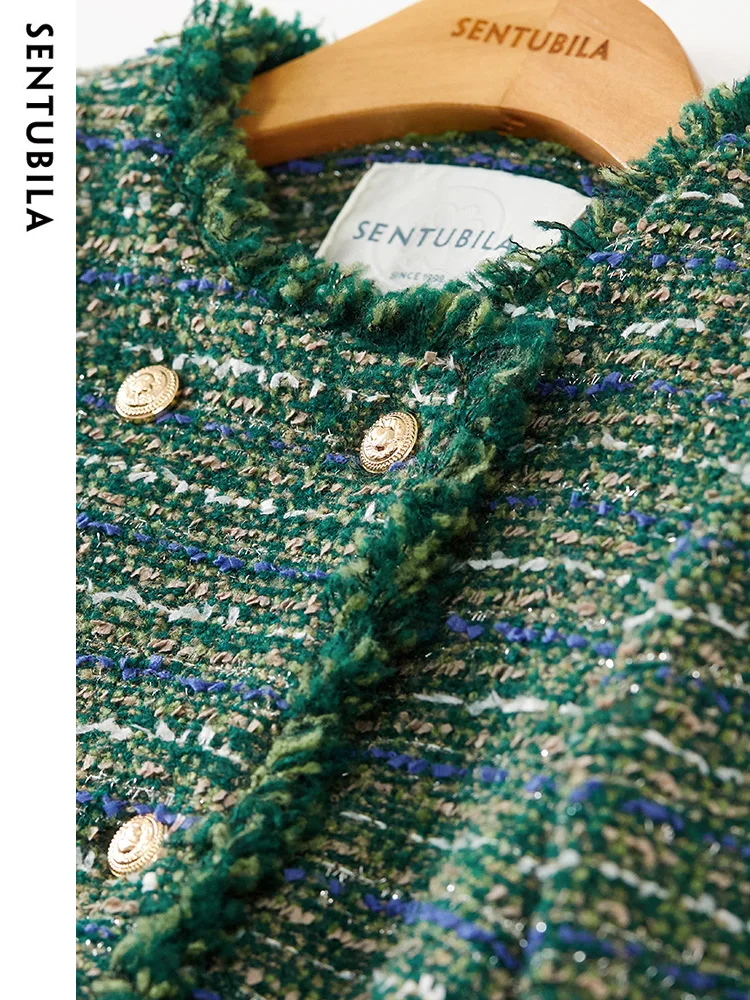 Imagem -05 - Sentubila-jaqueta de Tweed Recortada Verde para Mulheres Outerwear Solto Cabolsa Reto Manga Comprida Gola o Outono 133w50306 2023 Novo Outono