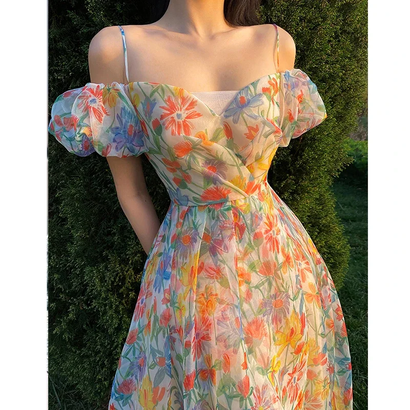 

Vintage Floral Printed Organza Dress Bodycon Women Backless Bandage Holiday Party Womens Clothing Strapped Vestidos Vacation