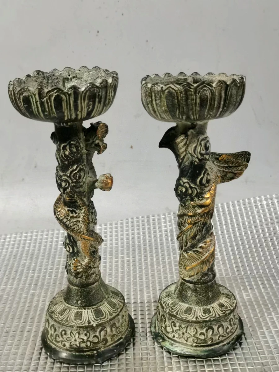 2 Pcs Home Decoration Talisman Bless Buddhism Candlestick Holder Candle Good Fortune Dragon Phoenix Signed Bottom Bronze