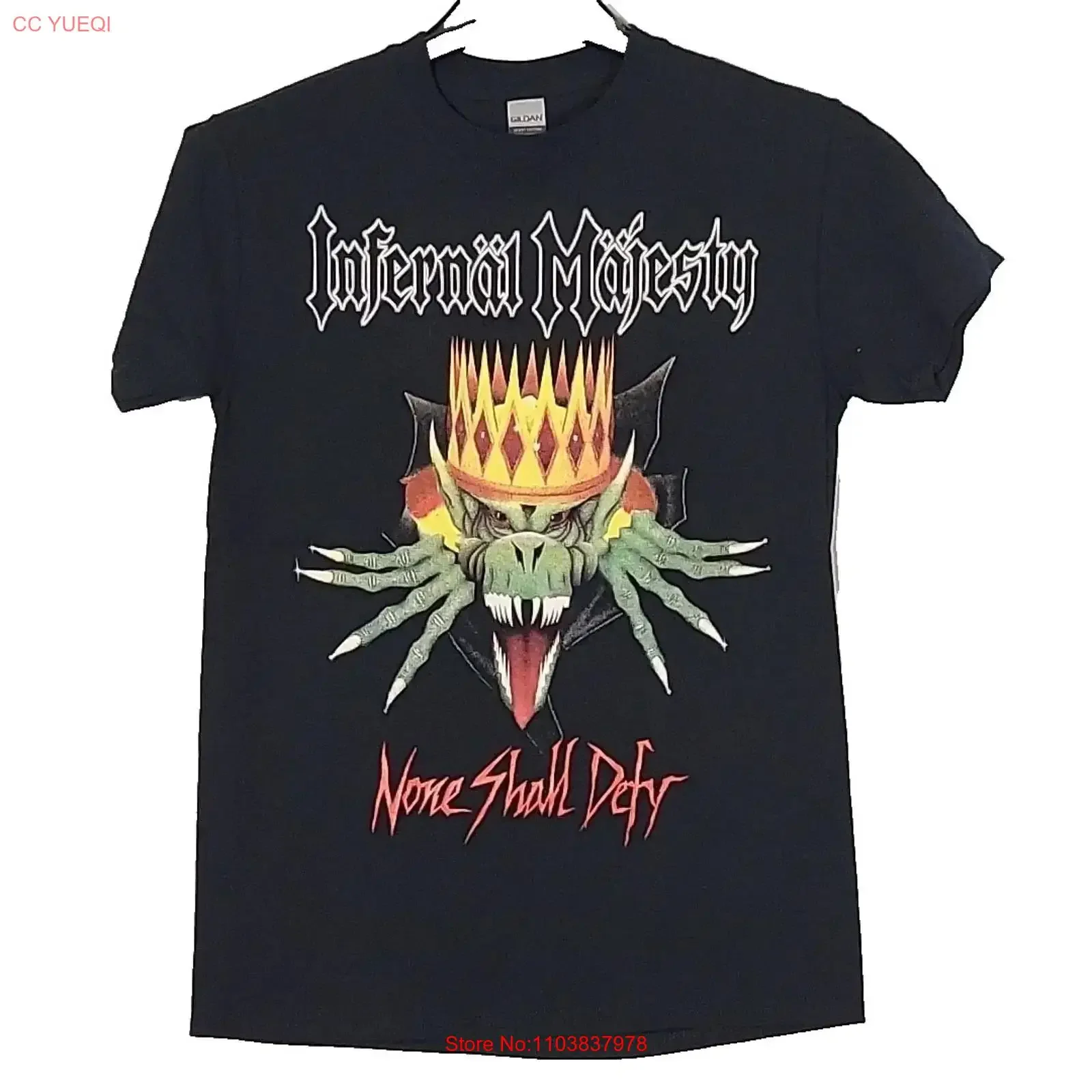 INFERNAL MAJESTY None Shall Defy L LARGE T-shirt noir pour homme avec logo de groupe vintage, effet délavé, légèrement extensible et confortable