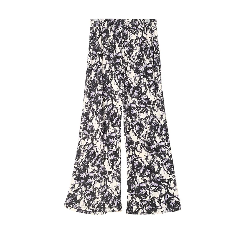 MadBlack-25%Silk 75%Viscose Elegant Trousers, Elastic Waist Print, Women Casual Knit Wide-leg Pants, 2026 Summer New B66218CC