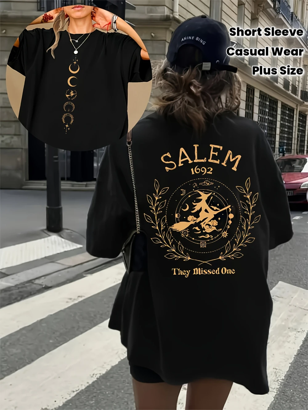 Camiseta de mujer Salem 1692 Witch Trial, top informal de manga corta extragrande con estampado Salem Witches Broomstick 1692