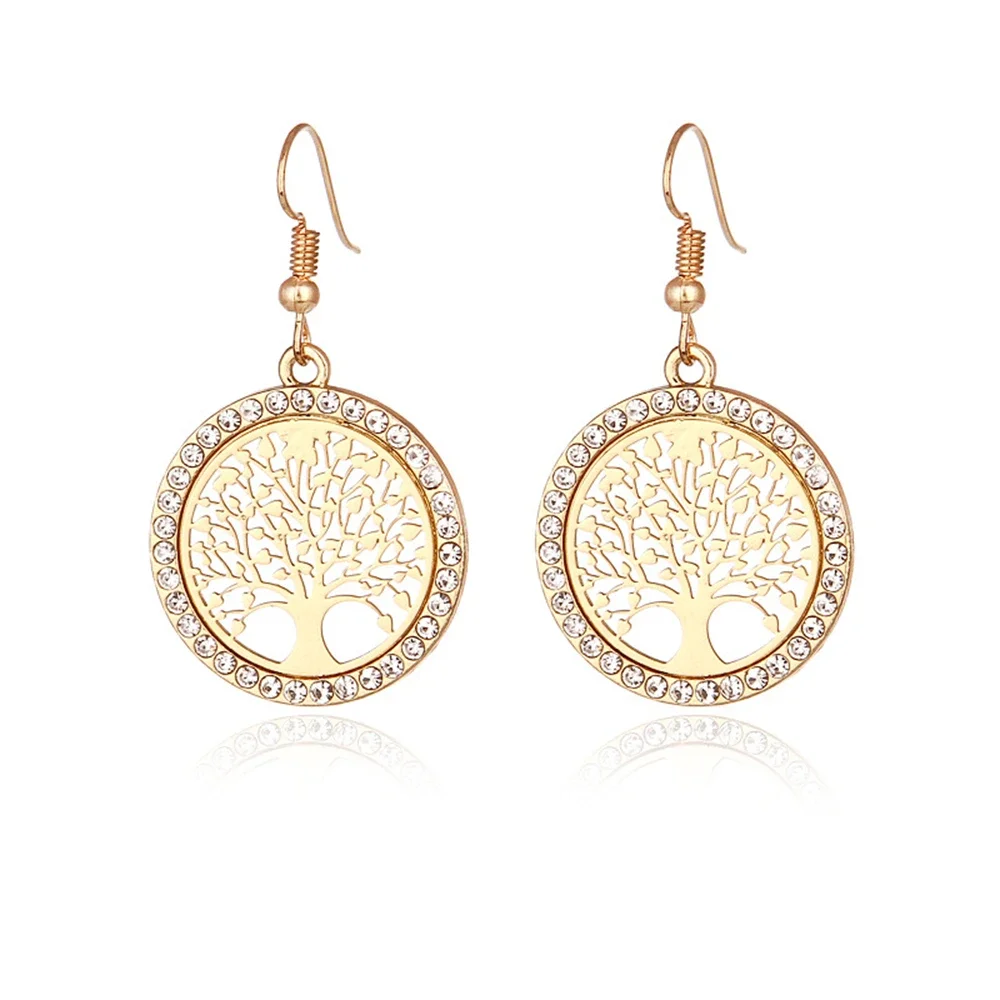 2024 New Fashion Crystal Drop Earrings Women Hollow Out Tree Of Life Pattern Round Earring Moda Mujer Jewelry Gifts